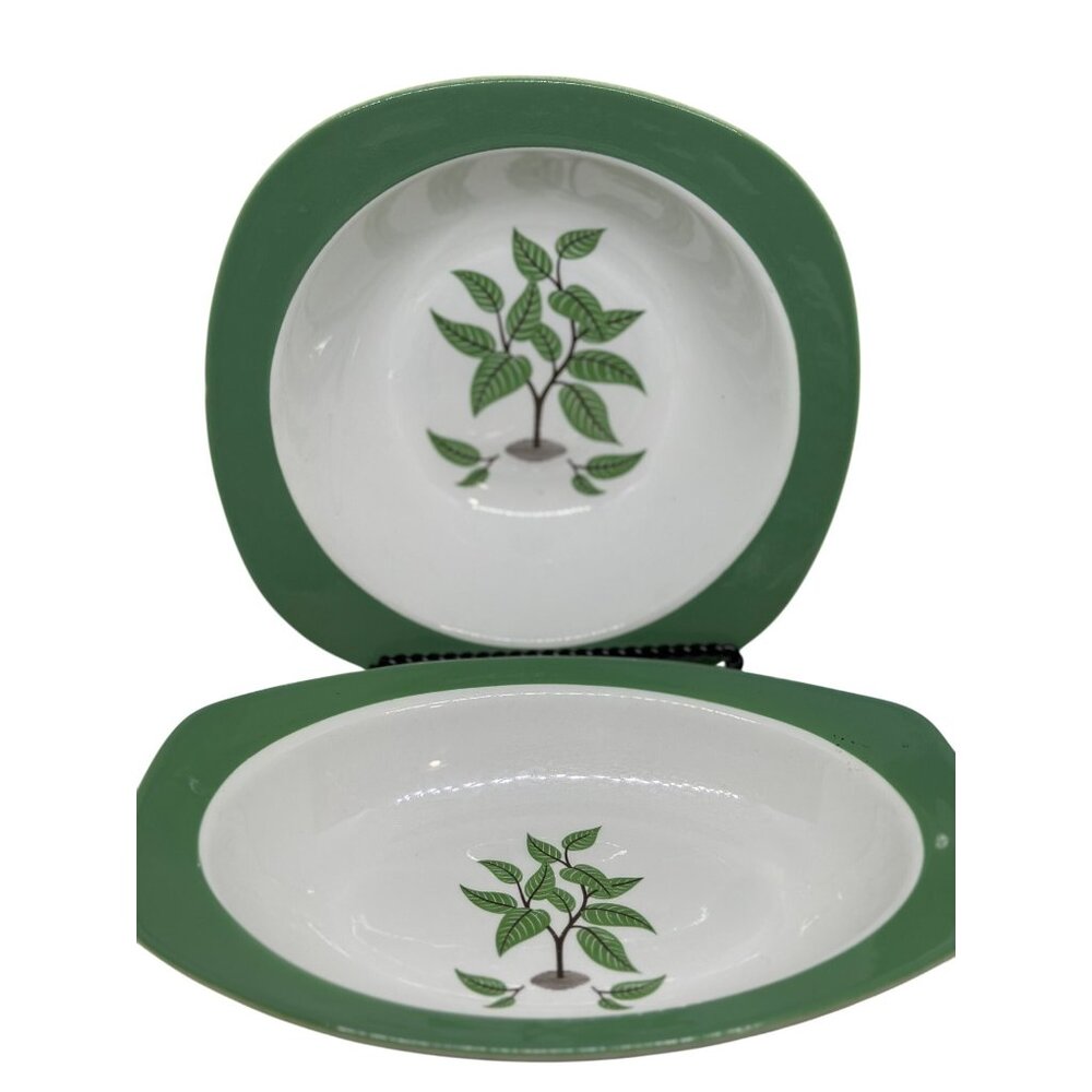 VTG Taylor Smith Taylor Bowl Plate Set‎ 2 White Green Rim Tree Design Dinnerware